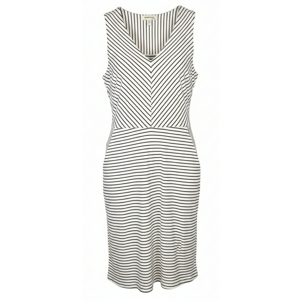 Monteau Midi Dress Small Blue/White‎ Striped Tiered Sleeveless VNeck belt